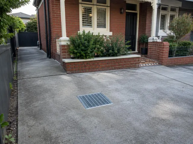 Concrete driveway with a square drain grate beside a brick house in Marrickville