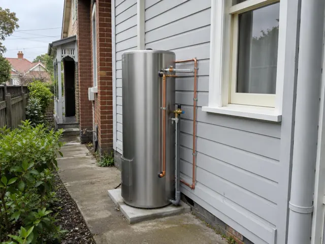 Outdoor hot water cylinder with copper pipework beside a weatherboard house in Dulwich Hill